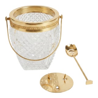 Mid 20th Century Belgian Val Saint Lambert Cut Crystal Ice Bucket With Gilded Spoon & Ice Disc - Rare 3 Piece Bar Set For Sale
