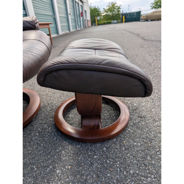 Vintage Ekornes Stressless Brown Leather Recliner and Ottoman Norway For Sale - Image 13 of 17