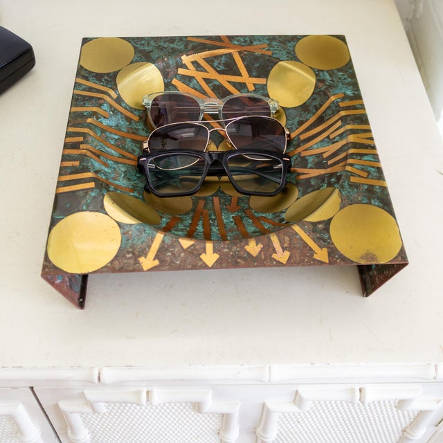 Metal Abstract Postmodern Brutalist Brass Copper and Verdigris Square Sculptural Bowl For Sale - Image 7 of 18