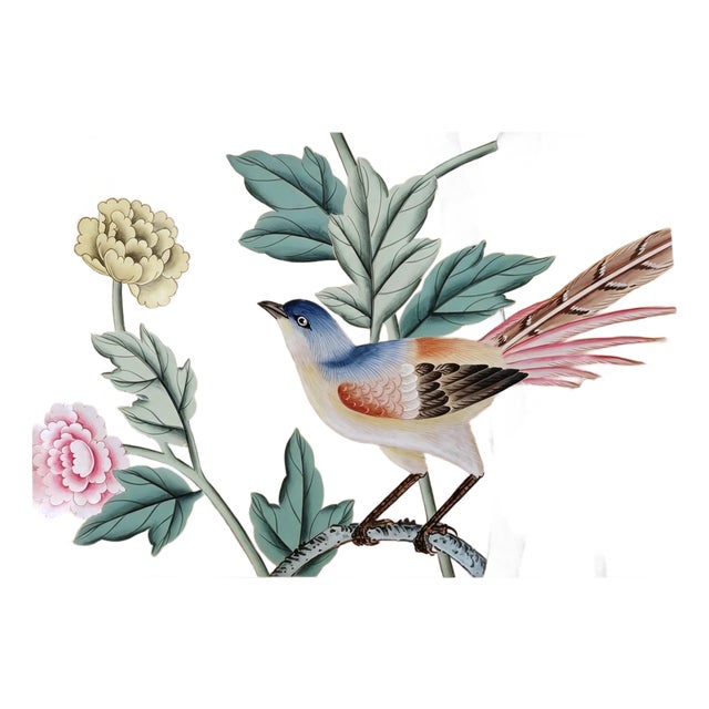Hand Painted Gold Leaf Wallpaper Panel With Bird & Peony Floral Design, Luxury Chinese Inspired Wallcovering, Decorative Art Wallpaper Sample 8" X 12" For Sale