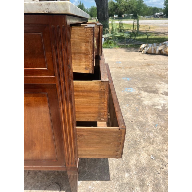 French 19th Century Louis XVI Walnut Carrara Marble Top Chest of Drawers For Sale - Image 9 of 12