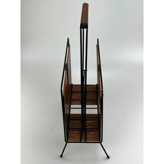 60s 70s newspaper holder newspaper rack metal teak mid century design Item: newspaper rack Manufacturer: Condition: good...