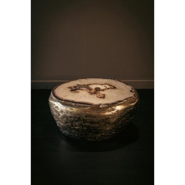 Ernest unique coffee table in agate gemstone & cast brass by alex turco one of a kind dimensions: d 50 x w 63 x h 30 cm....