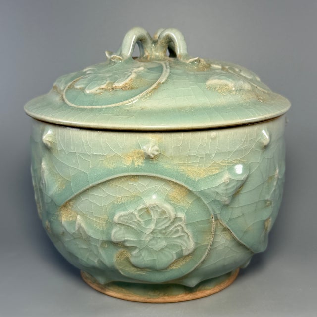 15th Century & Earlier Antique Chinese Official‑Style Celadon Lidded Jar With Relief Floral Motifs For Sale - Image 5 of 7