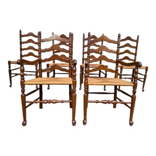 Mid 20th Century American Primitive Rustic Style Cherry High Ladder Back Rush Seat Dining Chairs- Set of 6 For Sale