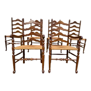 Mid 20th Century American Primitive Rustic Style Cherry High Ladder Back Rush Seat Dining Chairs- Set of 6
