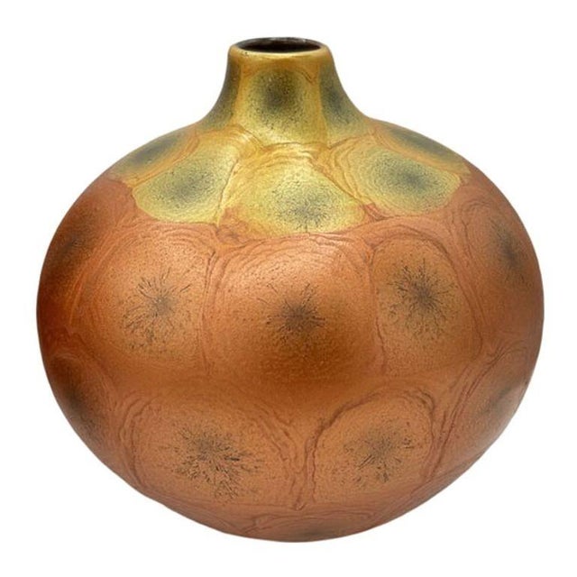 1970s Art Nouveau Weller Style Iridescent Amber & Gold Raku Fired Vase, Pair For Sale - Image 10 of 14