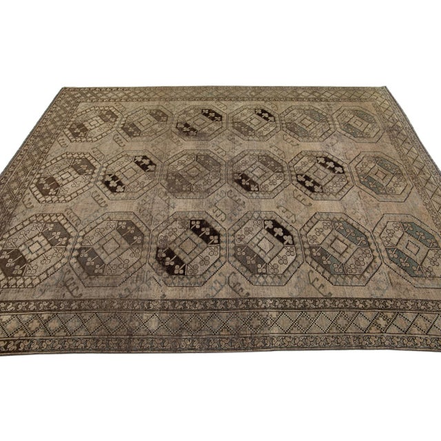 1930s 1930s Antique Handmade Persian Turkmen Wool Rug With Geometric Motif in Light Brown For Sale - Image 5 of 7