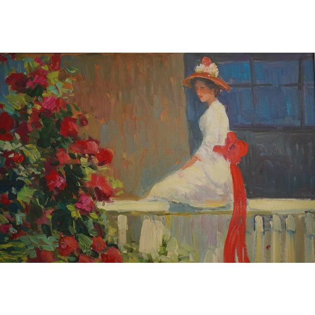Paint Artist Signed Vibrant Color Lady in Garden Oil Painting on Canvas For Sale - Image 7 of 13
