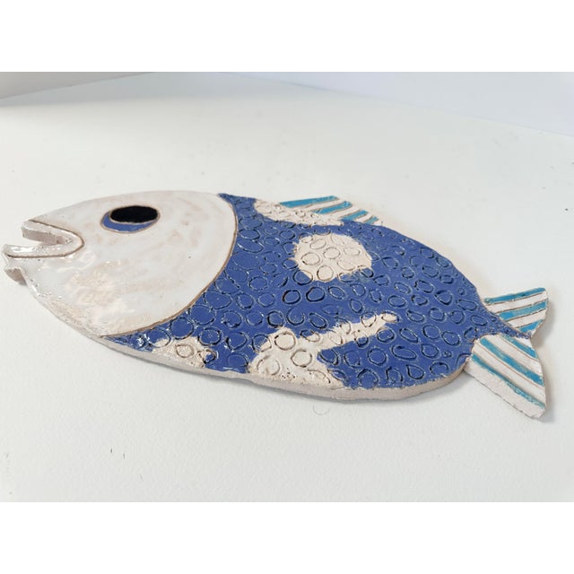 Mid 20th Century Mid 20th Century Handmade Coastal Ceramic Fish Wall Plaque | Blue & White Textured Pottery Sculpture For Sale - Image 5 of 9