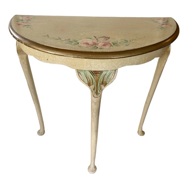 Vintage Demi-Lune Console Table With Applied Roses For Sale