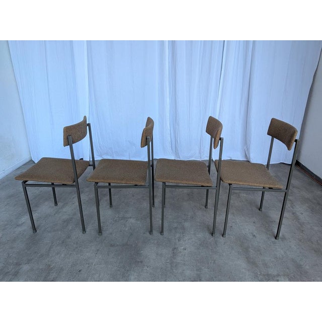 Vintage Industrial Black Metal School Chairs with Brown Fabric Seats, 1970s, Set of 4 For Sale - Image 4 of 18