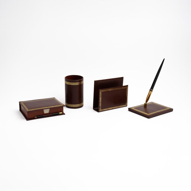 Vintage Brown Leather Desk Accessory Set - 4 Pieces For Sale In New York - Image 6 of 13