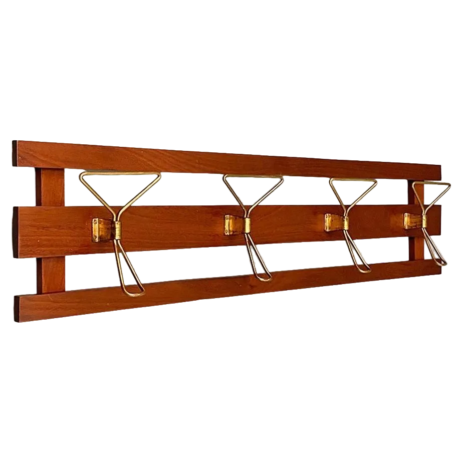 Mid-Century Italian Modern Wood and Brass Wall Coat Hanger, 1960s