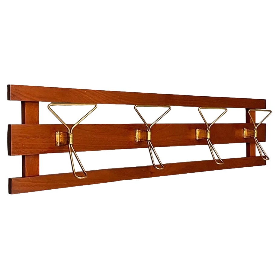 Mid-Century Italian Modern Wood and Brass Wall Coat Hanger, 1960s ...