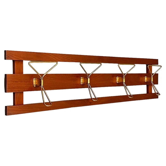 Mid-Century Italian Modern Wood and Brass Wall Coat Hanger, 1960s For Sale
