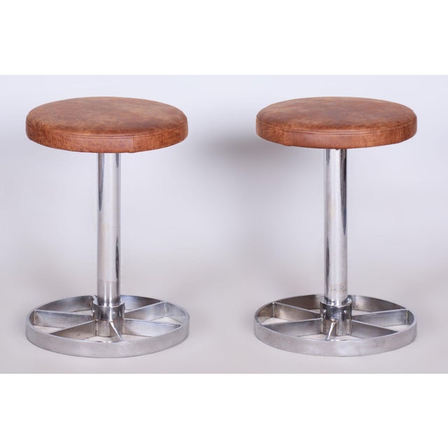 Brown Czech Bauhaus Chrome-Plated Steel Stools with Brown Leather Seats, 1939, Set of 2 For Sale - Image 8 of 8