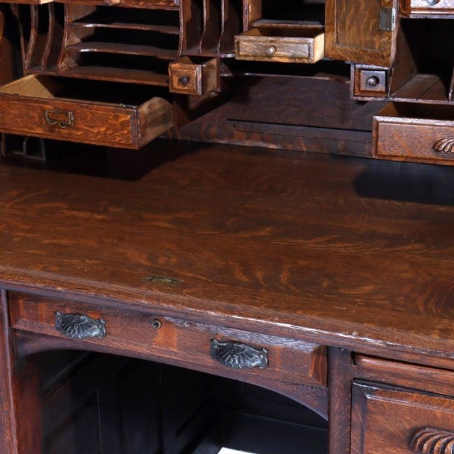 Brown Antique Derby Oak Raised Panel S-Roll Top Desk With Carved Pulls C1920 For Sale - Image 8 of 13