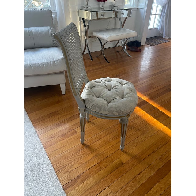 Add a little elegance to any room with this antique French cane back ladies chair. Newly upholstered with gray velvet...