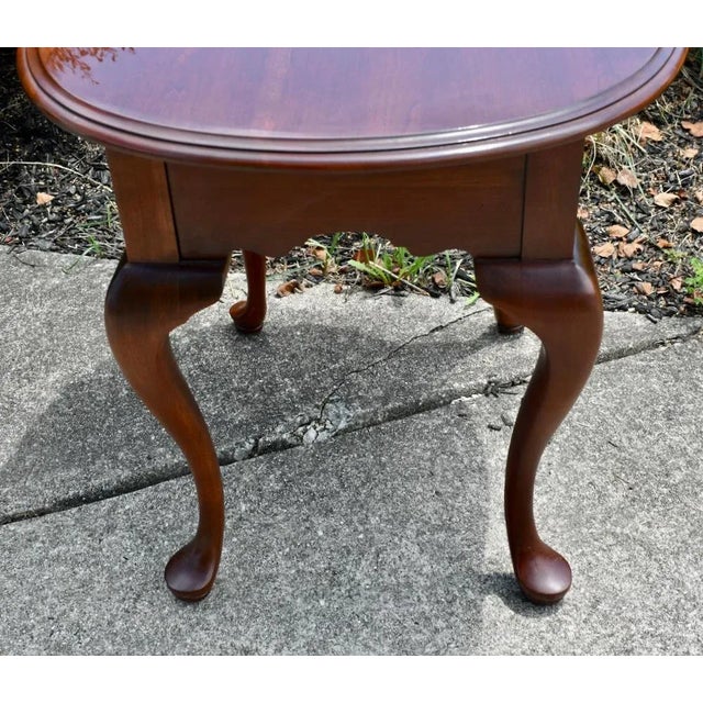Knob Creek Cherry Oval End Table Vintage Queen Anne Side Drawer 1980s Accent For Sale - Image 11 of 14
