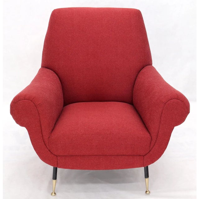 Pair of Red Upholstery Italian Lounge Chairs Brass Feet For Sale - Image 12 of 13