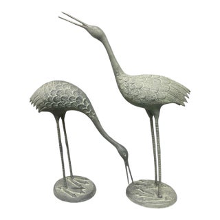 A Pair of Vintage Patinated Bronze Crane Garden Sculptures For Sale