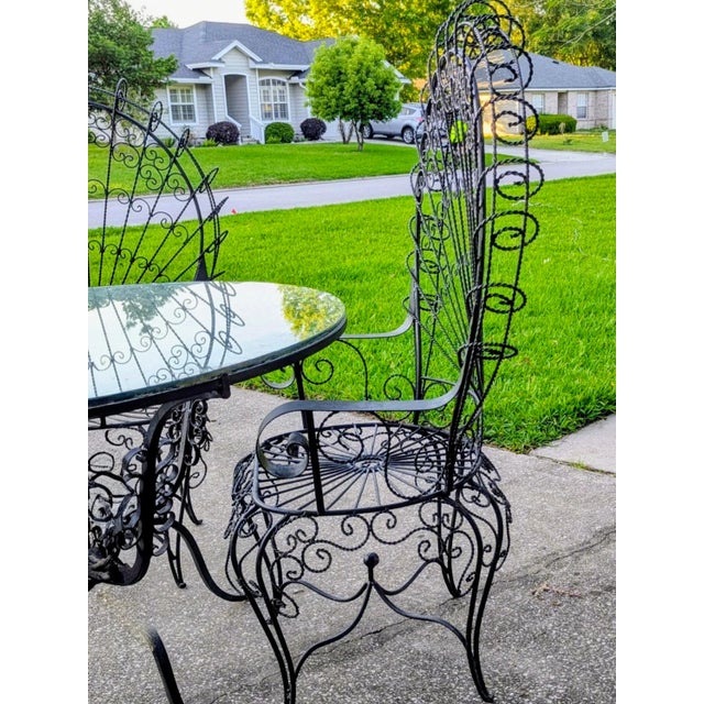 Salterini Patio Set Wrought Iron Table Peacock 4 Chairs Mid 20th C. For Sale - Image 11 of 11