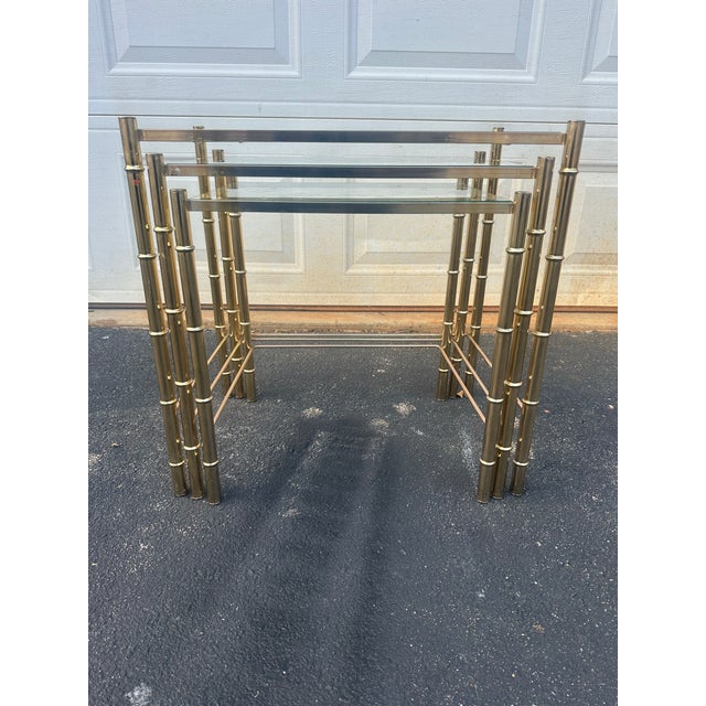 Late 20th Century Maison Baguès Style Brass Faux Bamboo Glass Nesting Tables – Hollywood Regency Mid-Century Set of 3 For Sale - Image 5 of 12