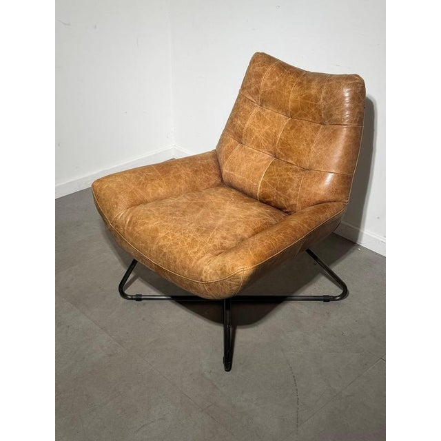 Metal Cognac Leather Armchair with Industrial Metal Base For Sale - Image 7 of 7