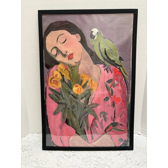 Vibrant Colorful Framed Print of a Woman With a Green Parrot For Sale In Sacramento - Image 6 of 8