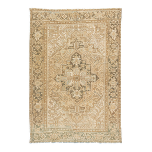 Antique Persian Heriz Wool Rug Handmade in Beige With Medallion Motif