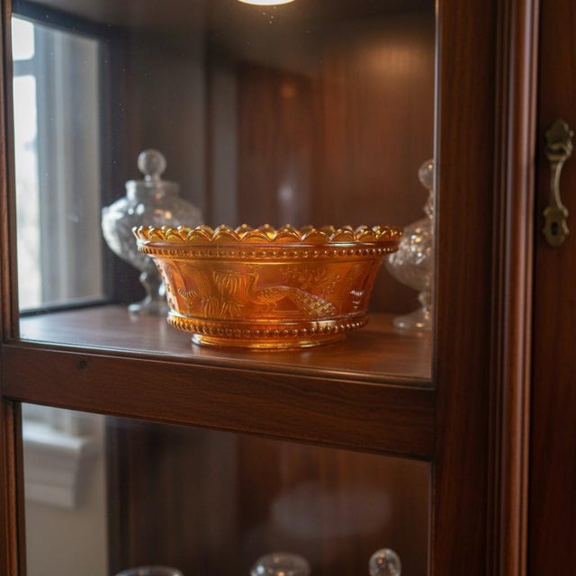 Antique Northwood Peacock at the Fountain Marigold Carnival Art Glass Berry Bowl For Sale - Image 11 of 11