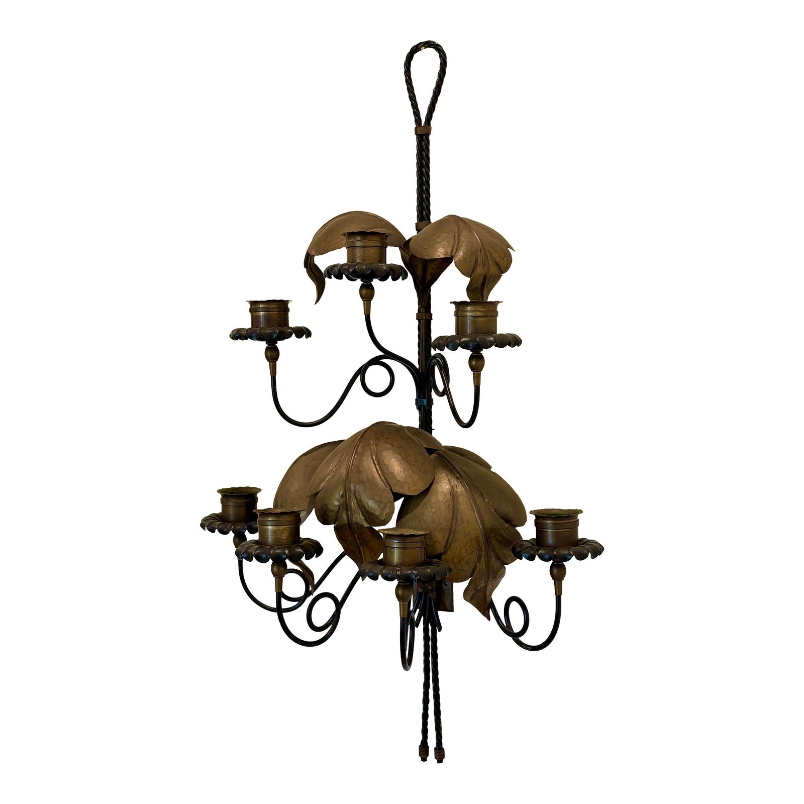 Vintage Large Scale Metal Black & Brass Tole Leaf Candle Wall Sconce