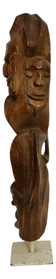 Large Carved Totem, 1970s, Wood Sculpture on Steel Base