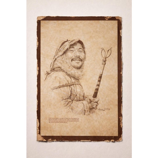 American Set of Three Signed 1972 Inuit-Themed Sepia Prints on Aged Paper — Authentic Patina, Designer Wall Art For Sale - Image 3 of 8