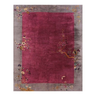 1920s Purple Floral Minimalist Antique Chinese Art Deco Rug 9' X 11' 4" Knotted Wool Carpet For Sale
