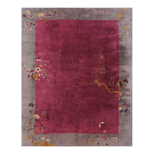 1920s Purple Floral Minimalist Antique Chinese Art Deco Rug 9' X 11' 4" Knotted Wool Carpet