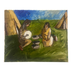 Oil on Canvas, Sioux Indian Women Sitting at Tepees Signed S Louis