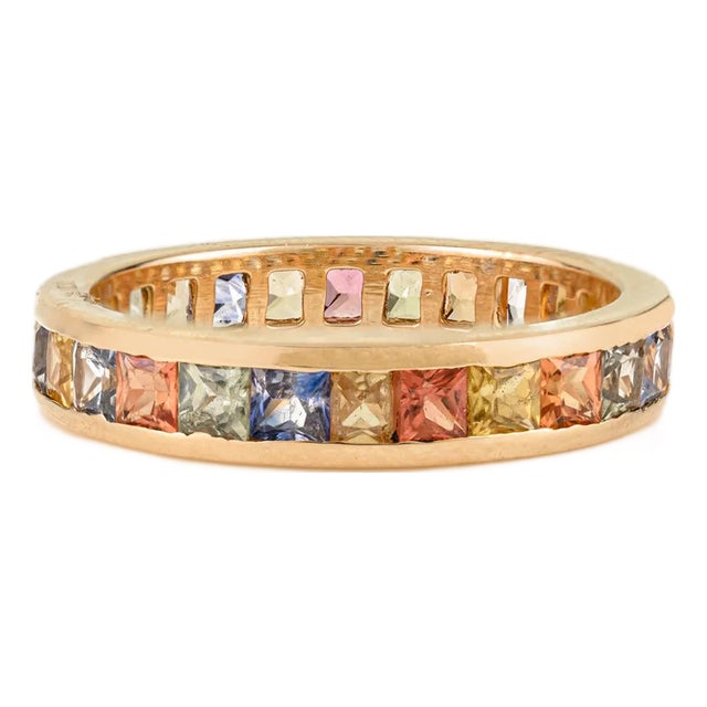 Pop Art Style Rainbow Multi Sapphire Eternity Band Ring in 14k Yellow Gold Size 7 For Sale