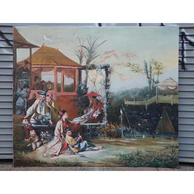 Textile 18th Century François Bouche Rococo Style Reproduced Painting on Canvas "Chinese Bird Painting" For Sale - Image 7 of 7