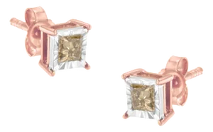 14K Rose Gold Plated Two-Tone .925 Sterling Silver 1/2 Cttw Princess-Cut Square Diamond Solitaire Miracle-Plate Stud Earrings - 2 Pieces