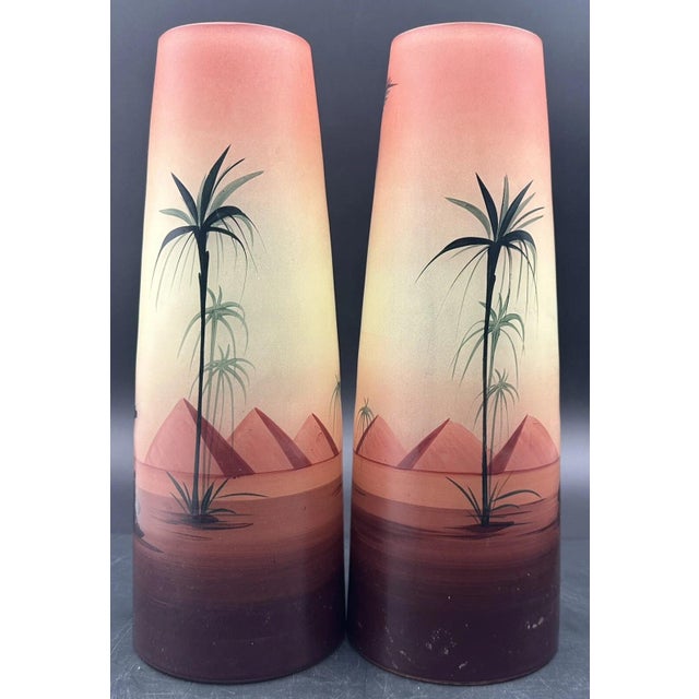 Traditional Vintage Czech Art Glass Vases Painted Egyptian Silhouette Camel Hosch or Palda For Sale - Image 3 of 14