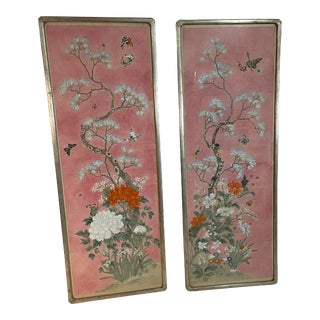 1920s Antique Pair of Chinese Pink Botanical Dogwood Watercolors in Silver Frames For Sale