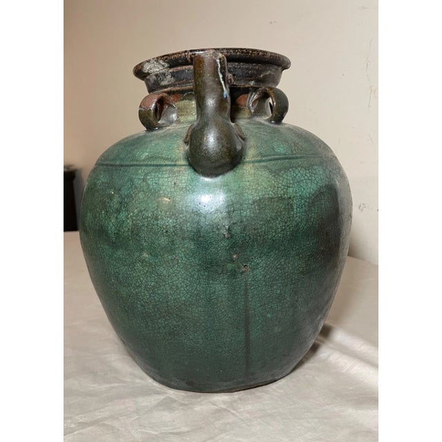 Chinese Antique Handmade Chinese Ming Dynasty Pottery Terracotta Green Glaze Wine Jug For Sale - Image 3 of 16