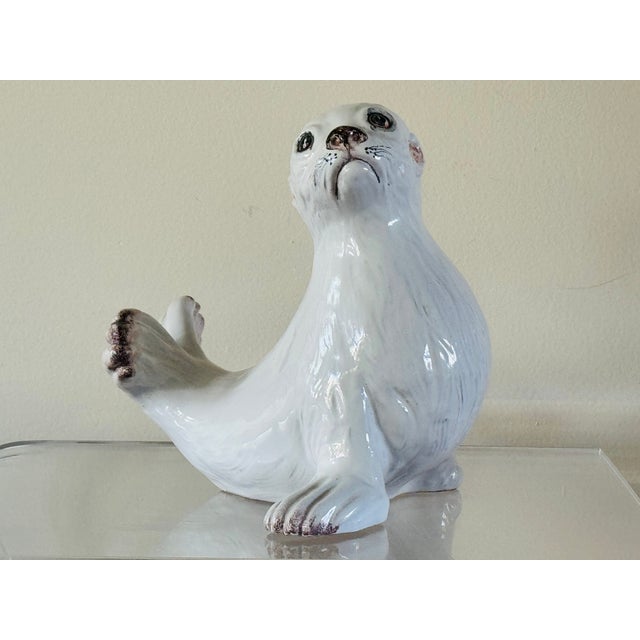 White Mid-Century Italian Glazed Terracotta Seal Pups - a Pair For Sale - Image 8 of 12