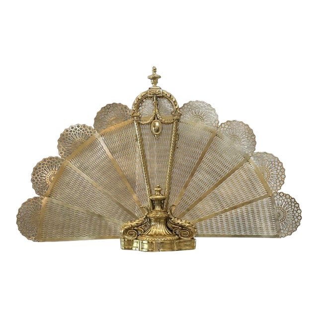 Antique English Brass Folding Fireplace Peacock Screen For Sale