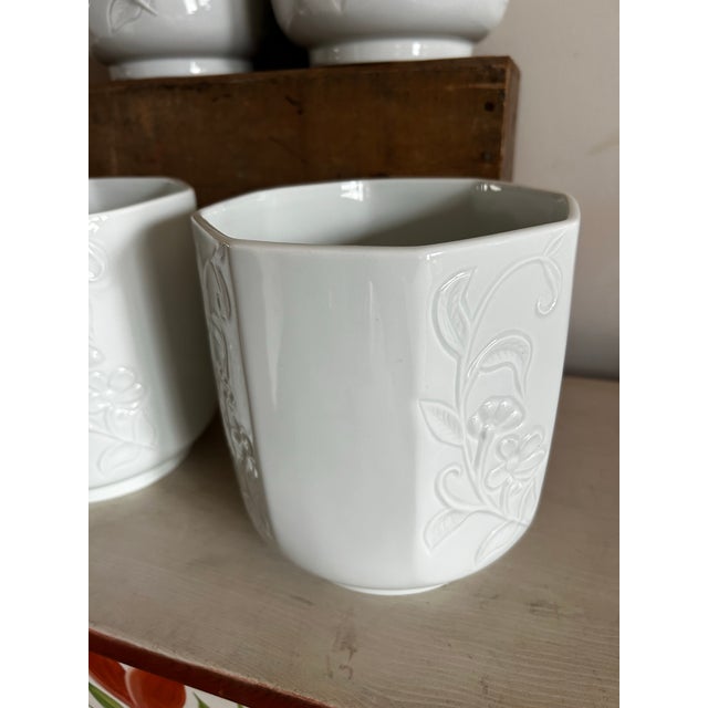 Set of Four Limoges Glazed White Pottery Octagonal Planters With Floral Motif ~ Made in France For Sale - Image 10 of 10