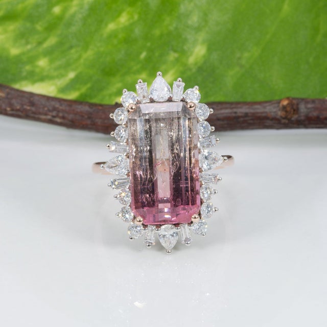 2020s 9.2Ct Bi-Color Tourmaline Ring With Lab Diamond Accents: Solid 14k Gold, 16x9mm, Size 6.75 For Sale - Image 5 of 9