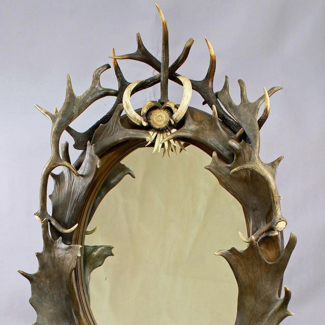 Large Antique Antler Standing Mirror, Germany Ca. 1890 For Sale - Image 4 of 8