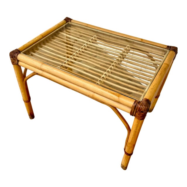Vintage Rattan Bamboo Glass Top Table For Sale